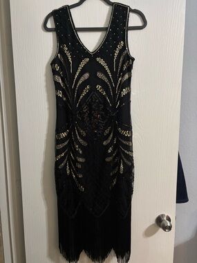 Flapper Style Black Beaded Fringe Dress Size M Gatsby Party